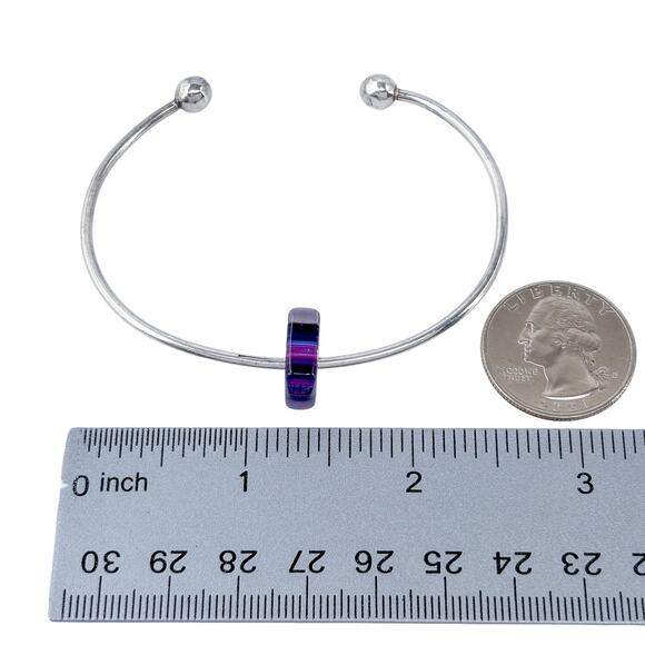 Ball Tip Cuff Bracelet | Purple Glass Charm | Vintage Sterling Silver 925 | 6.5" - Picture 10 of 11